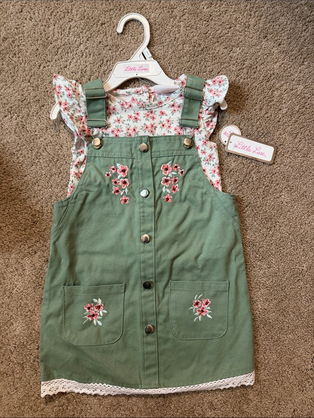 Little Lass Sage Green Floral Embroidered Overall Dress
